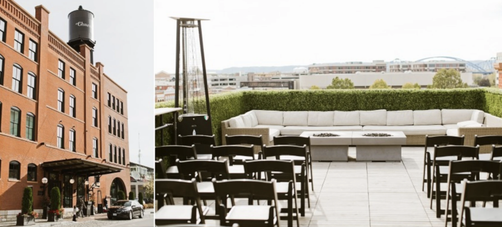 The balcony area of The Charmont Hotel set up for a wedding ceremony.